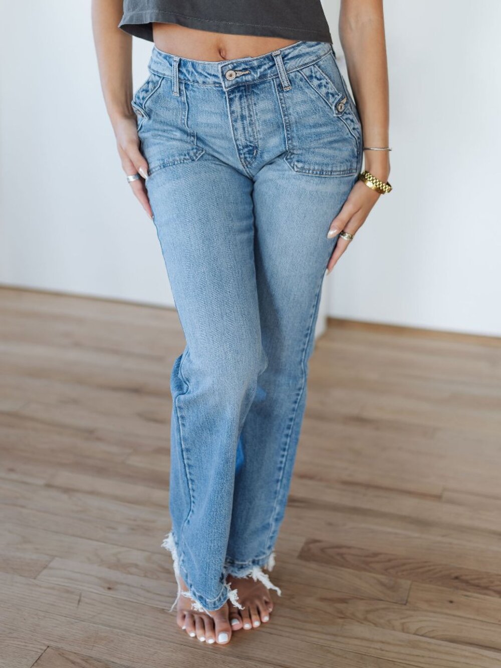 Kancan High Rise Flare Jeans Porkchop Pockets Raw Hem Size 9/28